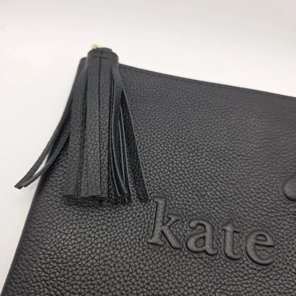 Kate Spade New York Black Pebbled Leather Embossed Logo Tassel‎ Clutch Pouch